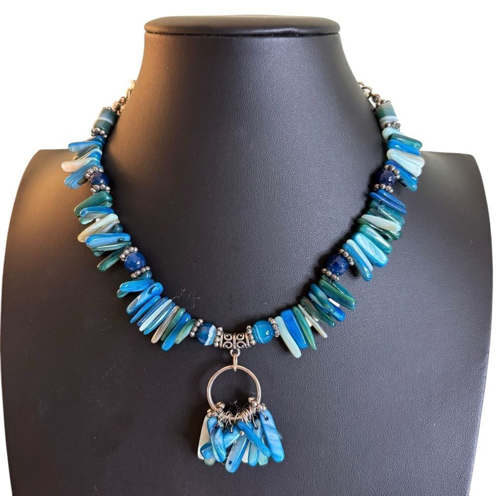Artisan Made Blue & Green Spike Fan Statement Necklace.